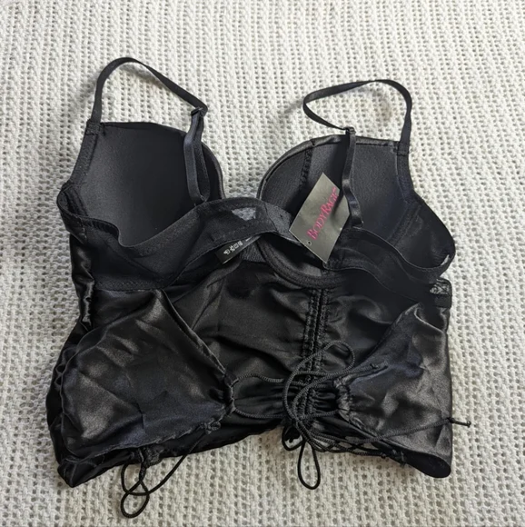 NWT NEW Body Rage Black Satin Lingerie Cropped Corset Bustier Women's Medium - Picture 2 of 8